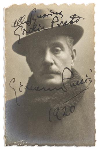 PUCCINI, GIACOMO. Two items, each dated and Signed: Photograph postcard * Autograph Musical Quotation.